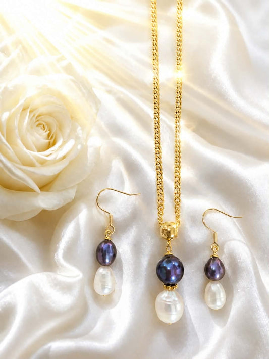 Two-Tone Freshwater Pearl Necklace & Earrings Set