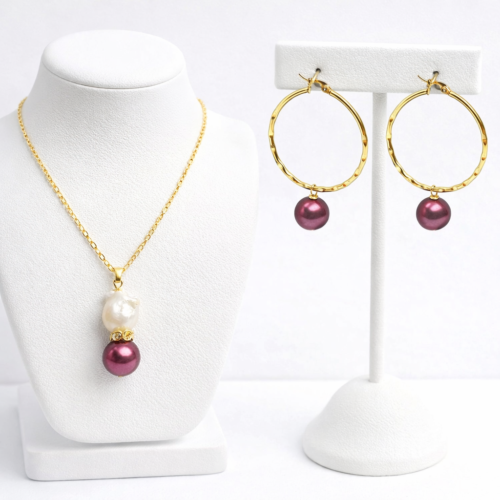 Two-Tone Pearl Drop Set – Gold Hoop Earrings & Pendant Necklace