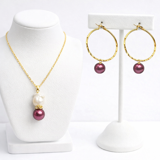 Two-Tone Pearl Drop Set – Gold Hoop Earrings & Pendant Necklace
