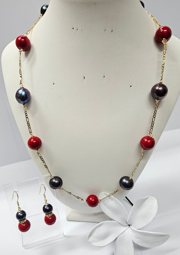 TAIMANE: Natural Black Pearls blend with Red Swarovski Pearls Set!