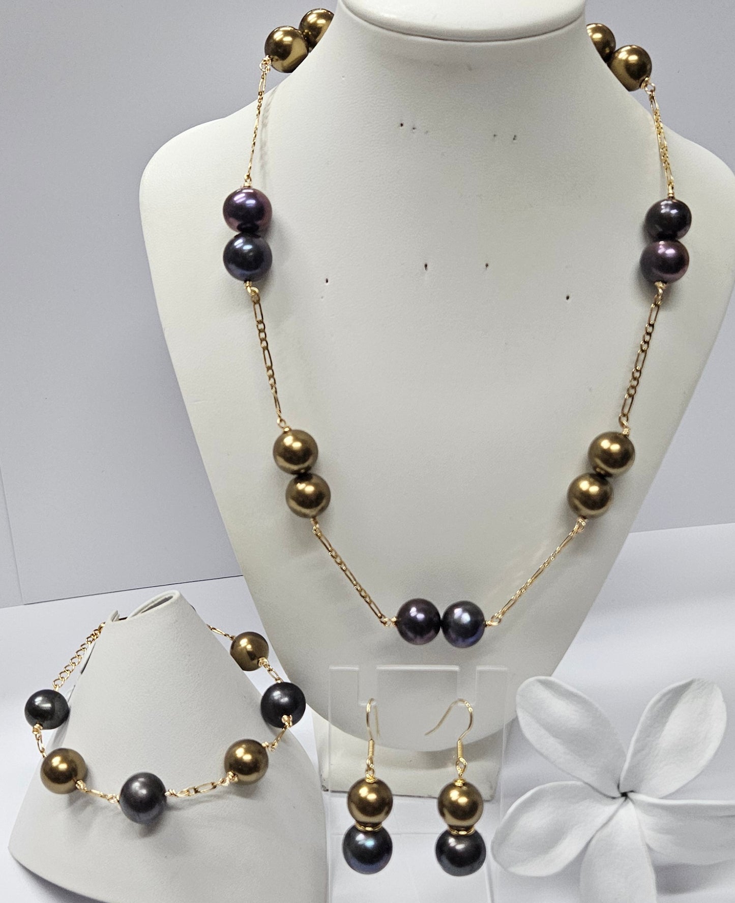 HANI  - Natural Black Pearls + Olive Green Swarovski Pearl Set