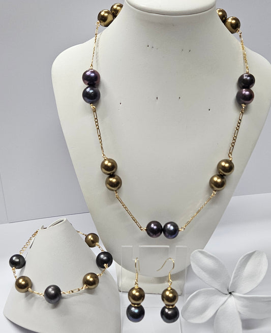 HANI  - Natural Black Pearls + Olive Green Swarovski Pearl Set