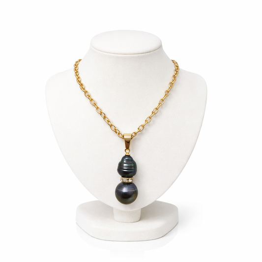 DIANA -  12 -13mm Authentic Duo Tahitian Pearls Pendant with CZ Spacers + Non tarnish and waterproof belcher chain