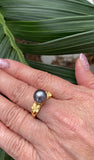 NALIA RING - Duo gold plumeria with genuine Tahitian pearl ring - 925 Sterling Silver