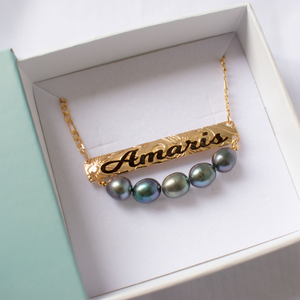 Horizontal Personalised Name Pendant Necklace with Natural Tahitian Pearls