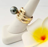 SEFINA #1 - Authentic Tahitian Green Pearl Plumeria Pattern Wide Band Ring