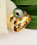 SEFINA #1 - Authentic Tahitian Green Pearl Plumeria Pattern Wide Band Ring
