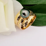 SEFINA #1 - Authentic Tahitian Green Pearl Plumeria Pattern Wide Band Ring