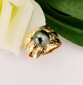 SEFINA #1 - Authentic Tahitian Green Pearl Plumeria Pattern Wide Band Ring