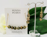 Horizontal Pendant 10-12mm Natural Premium Green Bronze Pearl's Set with 14k Solid Gold filled Chain