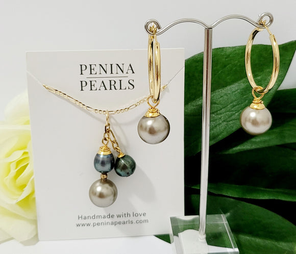 LANI - Duo Natural Green Tahitian Pearls embellished with Swarovski Pearls Set