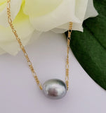 Single Silver Natural and Premium Silver Grey Floating Pearl Necklace, 13mm