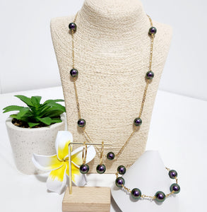 Iridescent Purple Multiple pearl necklace - 12mm Swarovski Pearl Full Set With 14K GF