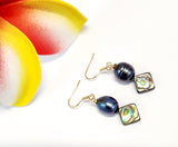 Tahitian Black Pearl with Paua Shell Hook Earrings