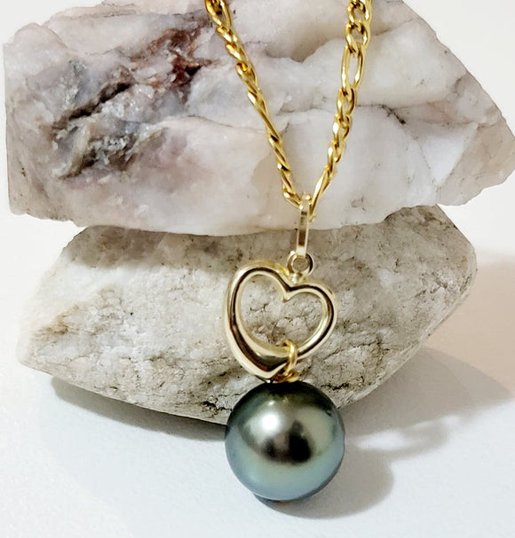 9 crts Heart-Shaped Bail with Genuine Authentic Tahitian Pearl Necklace