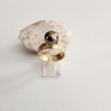 ALEIA - Authentic Tahitian Pearl Ring with 14K GOLDFILLED Floral Engrave Ring