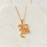 Old English Font Initial Pendant With CZ Stone Necklace