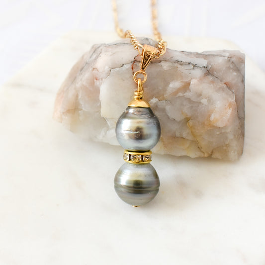 DIANA -  12 -13mm Authentic Duo Tahitian Pearls Pendant with CZ Spacers