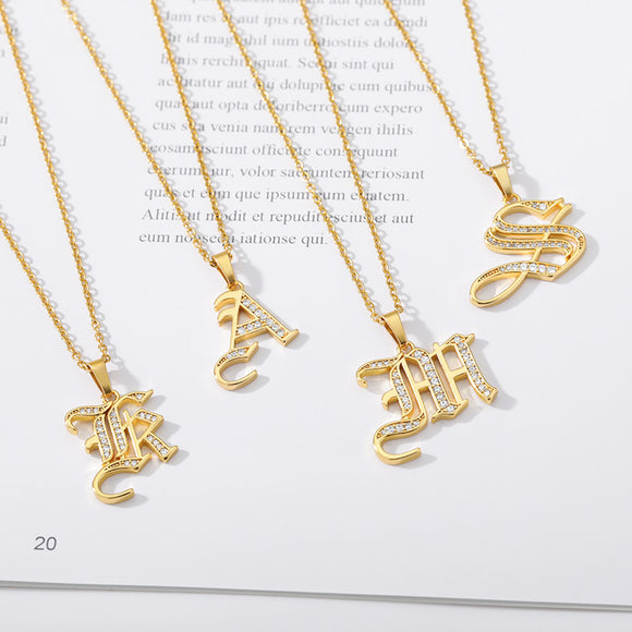 Old English Font Initial Pendant With CZ Stone Necklace