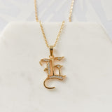 Old English Font Initial Pendant With CZ Stone Necklace