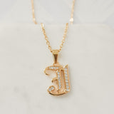 Old English Font Initial Pendant With CZ Stone Necklace