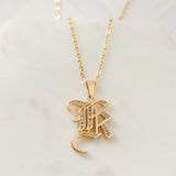 Old English Font Initial Pendant With CZ Stone Necklace