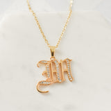 Old English Font Initial Pendant With CZ Stone Necklace