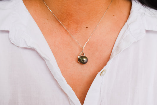 TEARDROP TAHITIAN PENDANT (13-14MM) NECKLACE - 925 Sterling Silver