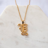 Old English Font Initial Pendant With CZ Stone Necklace