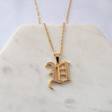 Old English Font Initial Pendant With CZ Stone Necklace