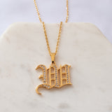 Old English Font Initial Pendant With CZ Stone Necklace