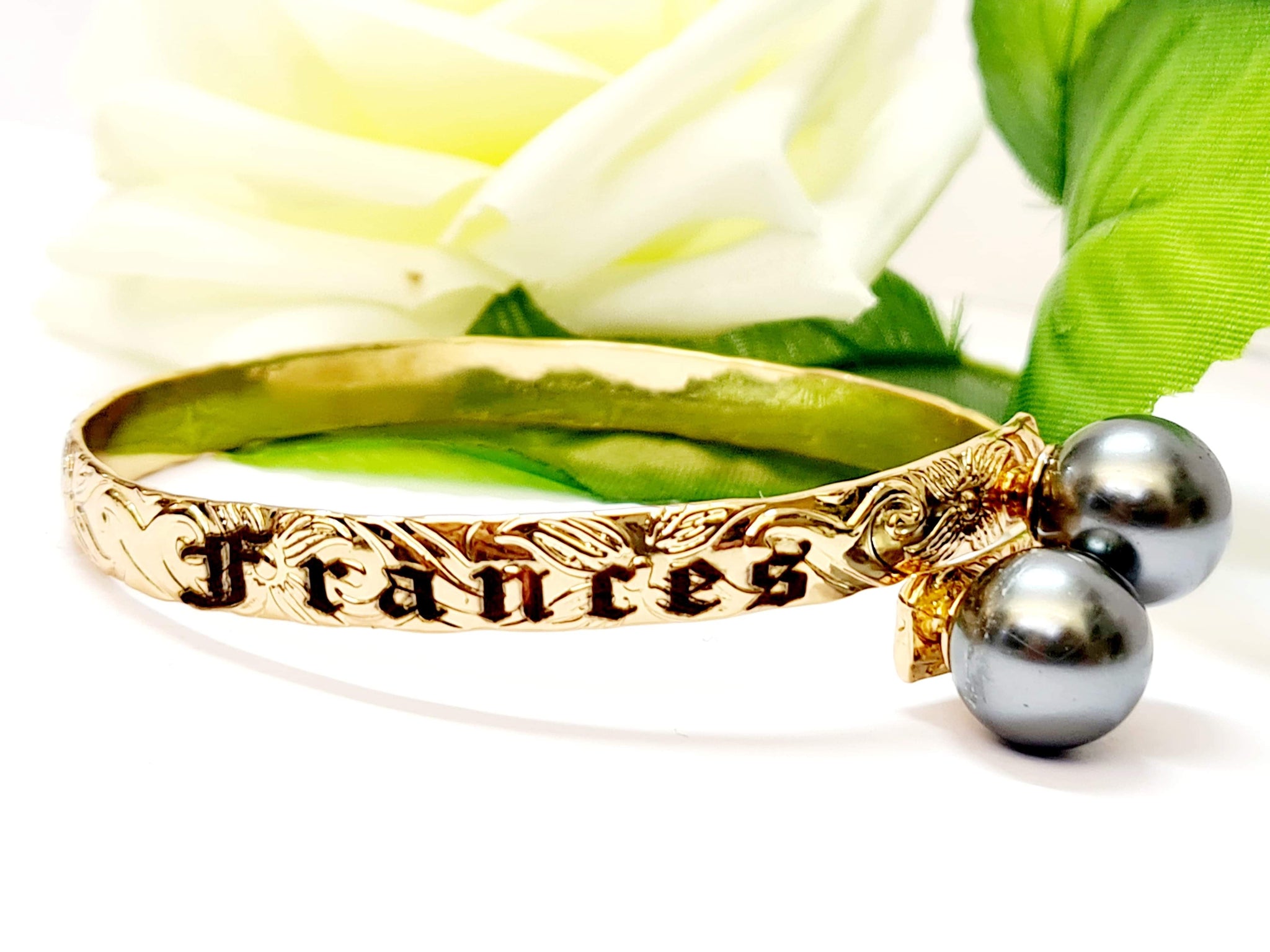 Personalised Name on Duo Pearl Gold filled Bangle Penina Pearls Jewellery Design